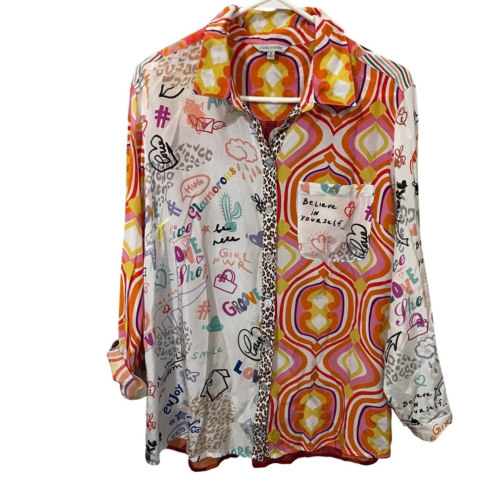 John Mark Size 1X Mixed Print Graffiti Button Down Roll Tab Sleeve Shirt